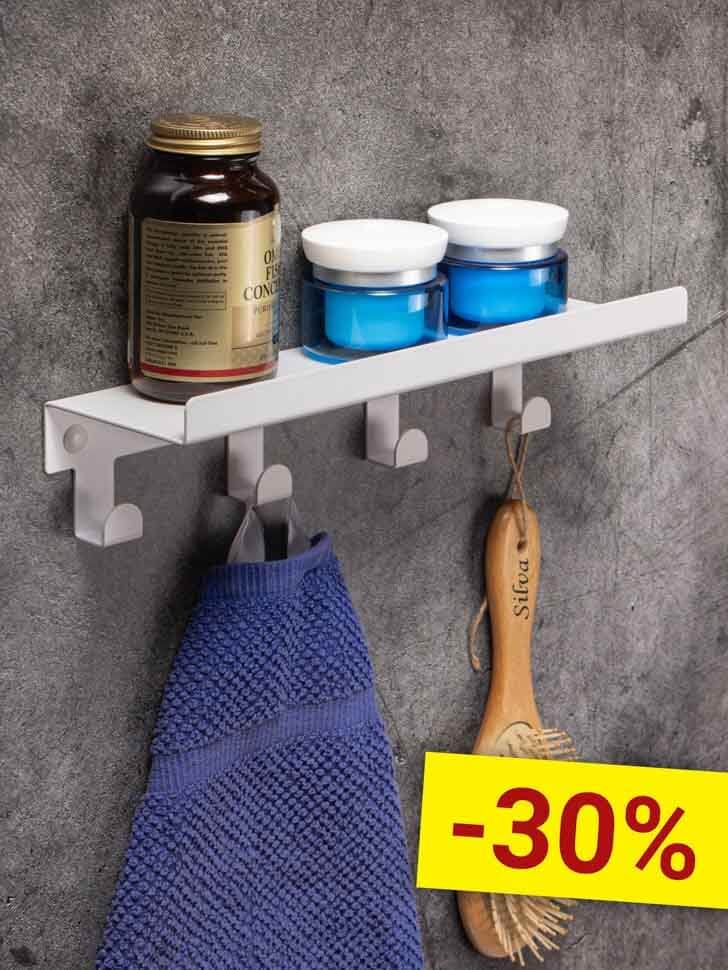 Полка для ванной комнаты с крючками навесная прямая белая 4 крючка 30x9x6