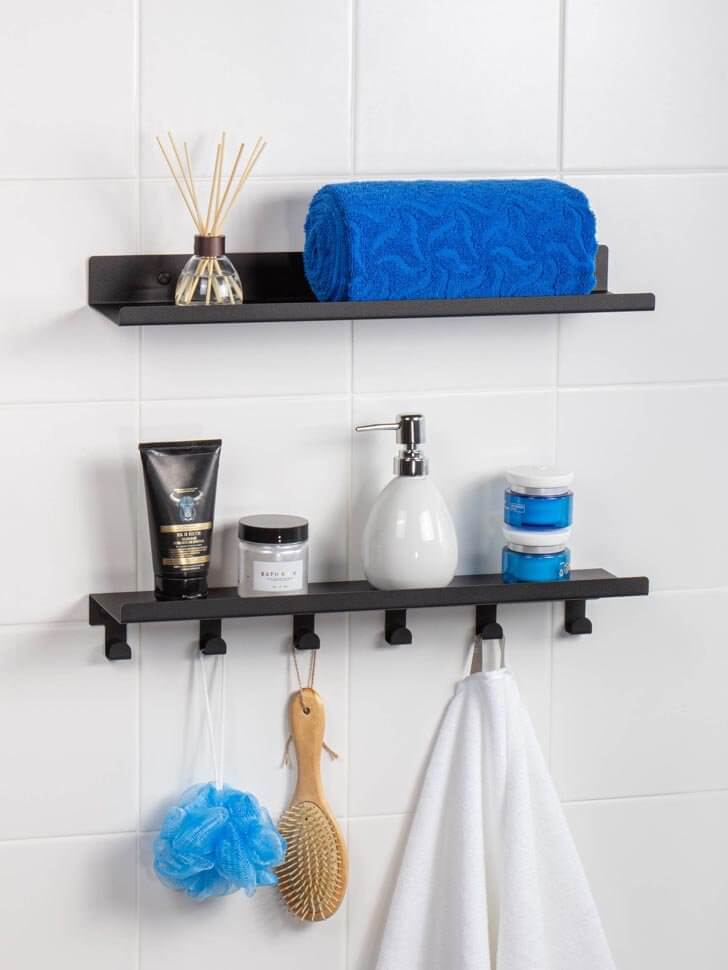 Настенная навесная полка для ванной комнаты и полочка с крючками 50 см Черная