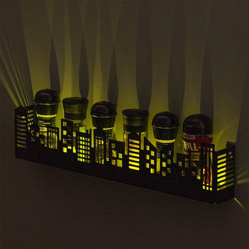 Полка для кухни для специй с подсветкой. Полочка для кухни на стену 50 см черная. RGB светильник.